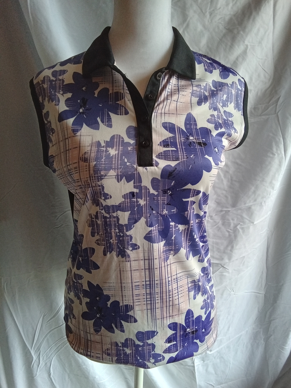 PGA Tour Purple Floral Sleeveless Polo Tank with Black Trim